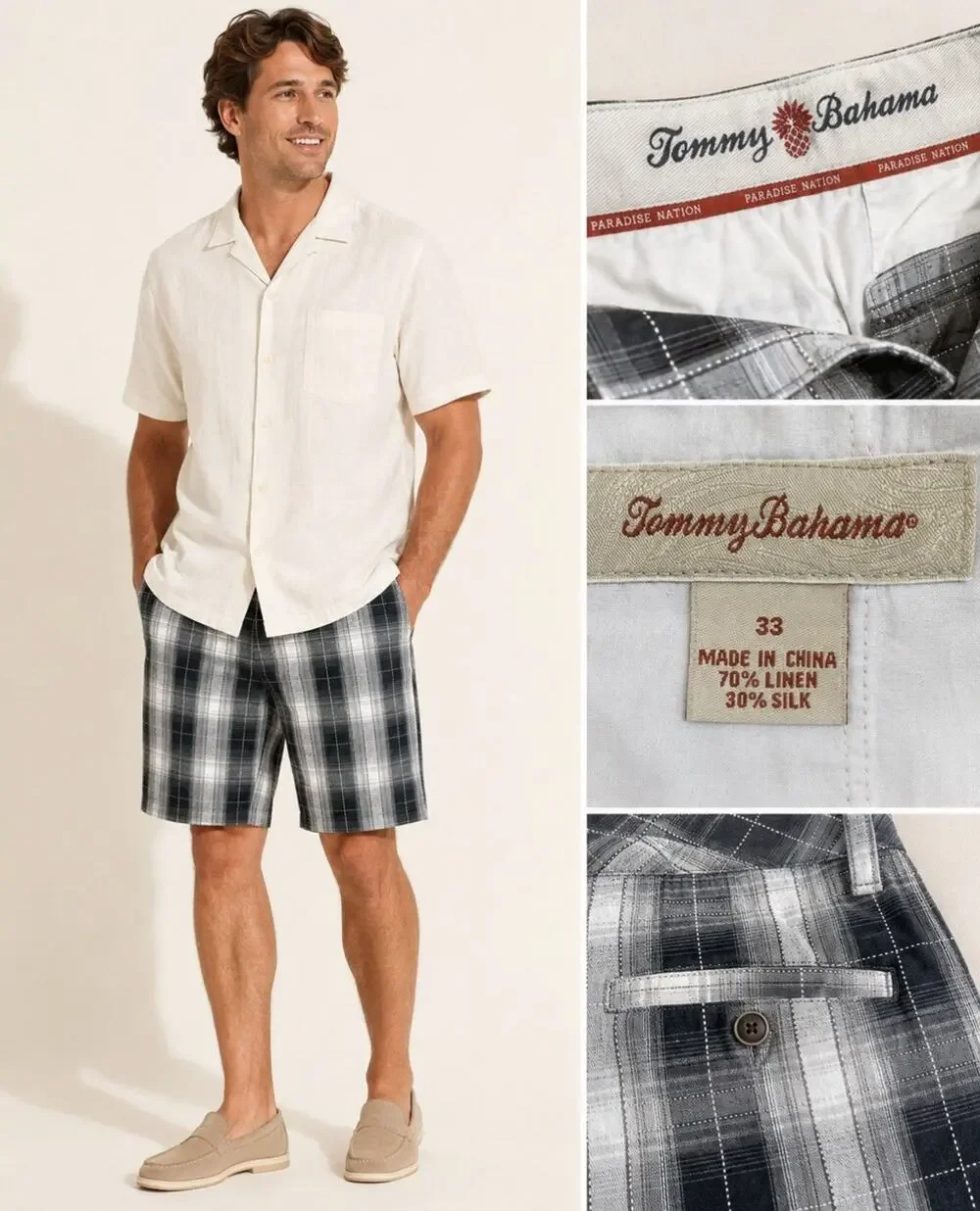 Coastal Old Money Tommy Bahama Flat Front Linen Silk Shorts Size 33 Black Plaid